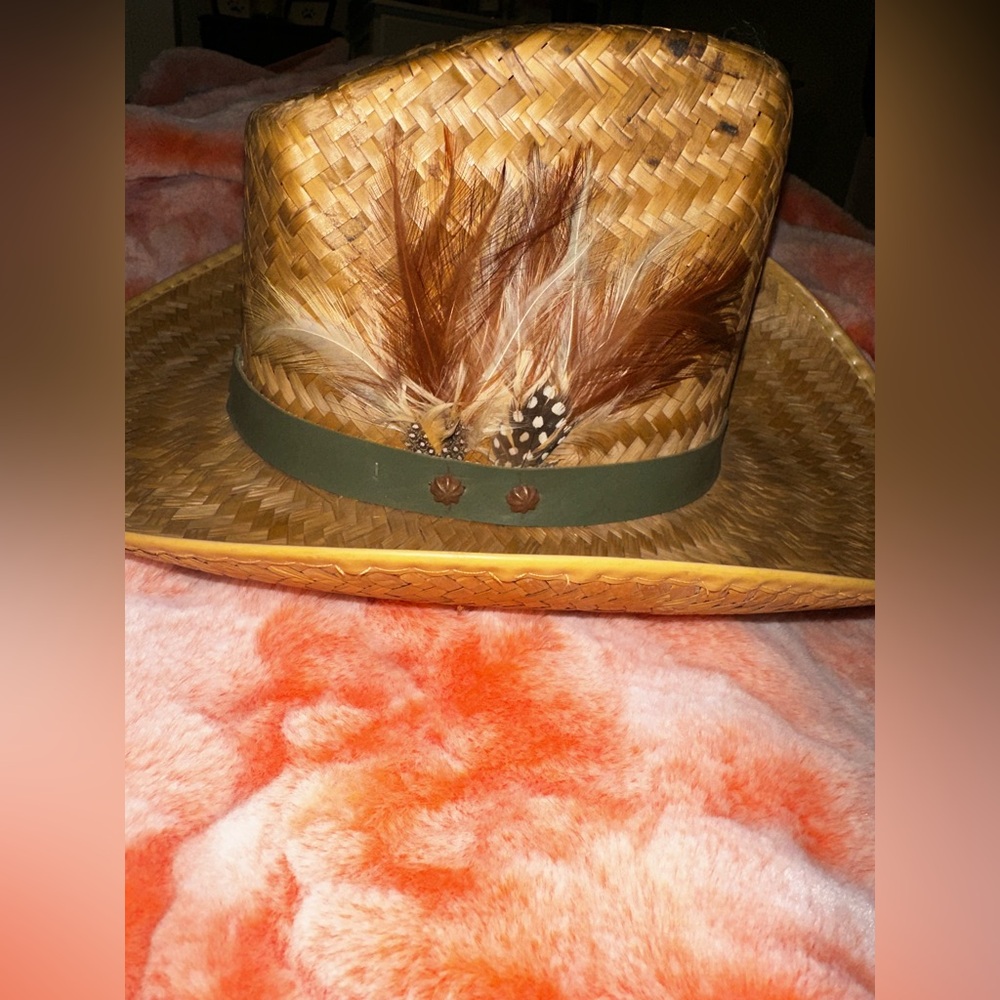 Hand Woven Straw Cowboy Hat Green Leather Band Featuring Feathers - Picture 3 of 15